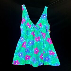 NOS wTags 1980s Sea Waves Swimsuit 18W Modest Skirt Underpant Nylon Lycra